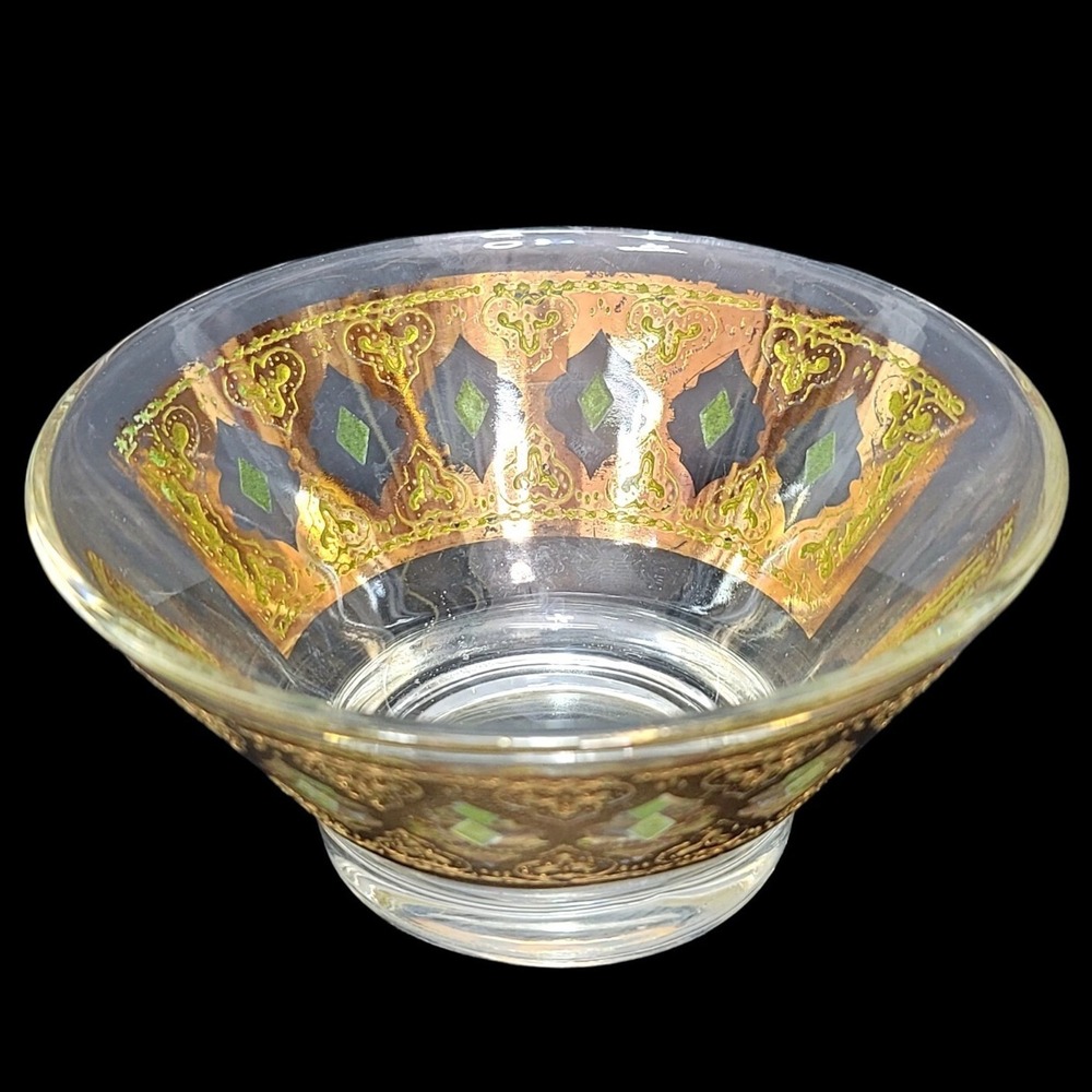 Vintage Culver Valencia MCM Gold Filigree Green Diamond Glass Flared Bowl AS IS